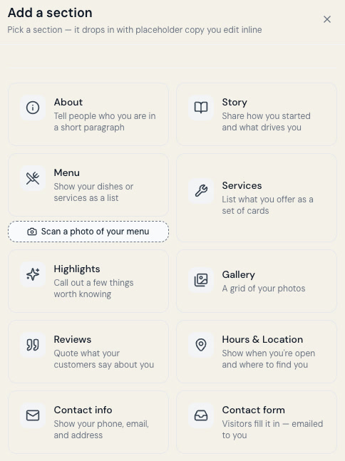 The add-a-section picker in the Styka editor